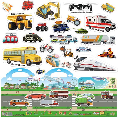 210 PCS Vehicles Reusable Sticker Books for Kids, 6 Sheets Reusable Stickers for Toddlers, Cute Waterproof Toddler Stickers Age 3+, Window Clings Travel Learning Toys Educational Stickers