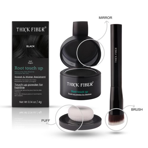 THICK FIBER Root Touch Up Powder - Water & Sweat Resistant Hair Loss Concealer Set for Thinning Hair Women, Includes Brush (Black)