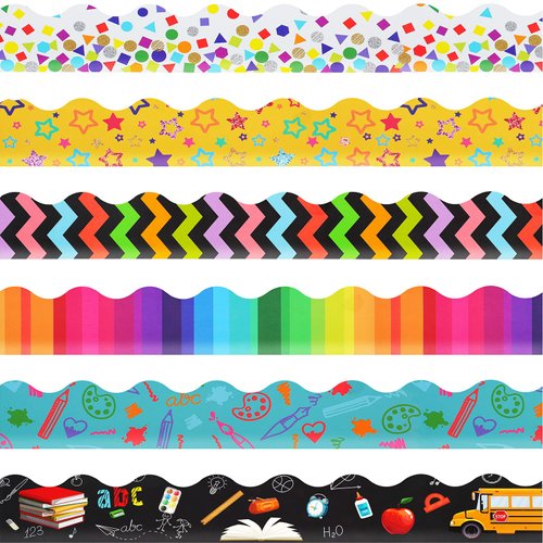 84 Pieces 83 Feet Classroom Bulletin Board Borders Scalloped Rainbow Bulletin Board Trim Adhesive Decorations Colorful for Black Board Chalkboard, 6 Designs (Classic Style)