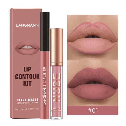 2Pcs Lip Liner and Lipstick Set, Matte Creamy Lip Liner Natural Lipstick One Step Lips Makeup Kits, Pigment Velvety Nude Lip Stain Waterproof Long Lasting Lip Gloss Make up Gift Set (#01)