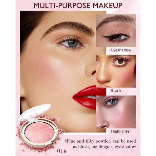 Baked Blush-Brighten Lighting Glow Marbleized Blush Powder Palette, Cruelty-Free Powder Blush, Eyeshadow & Highlight for a Lightweight Shimmery Satin Face Makeup, Gift for Women (0.49Ounce)-01#Peachy