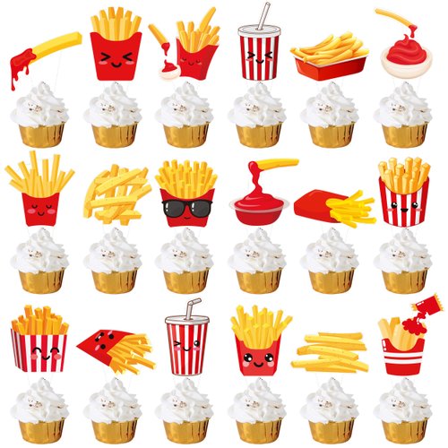 48pcs French Fries Cupcake Toppers French Fries Birthday Party Decorations Fast Food Party Decoration French Fries Theme Cupcake Picks for French Fries Birthday Party Baby Shower Supplies