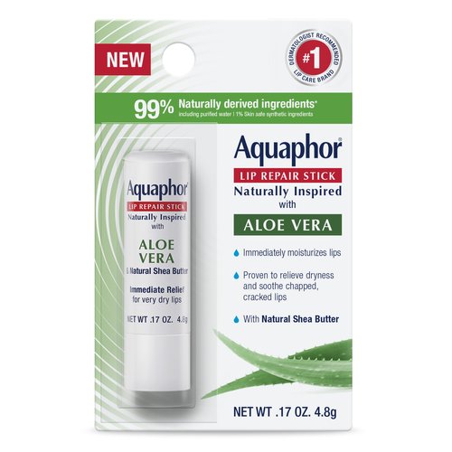Aquaphor Naturally Inspired Lip Repair Stick with Aloe Vera and Natural Shea Butter, Hydrating Lip Balm Stick Immediately Relieves Dryness and Soothes Chapped Lips, 0.17 Oz Stick