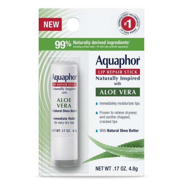 Aquaphor Naturally Inspired Lip Repair Stick with Aloe Vera and Natural Shea Butter, Hydrating Lip Balm Stick Immediately Relieves Dryness and Soothes Chapped Lips, 0.17 Oz Stick