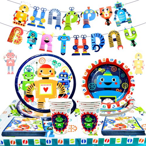 LaVenty 34 PCS Robot Birthday Party Supplies Robot Birthday Party Favors Robot Birthday Banner Robot Birthday Party Decoration Robot Birthday Party Plates and Napkins