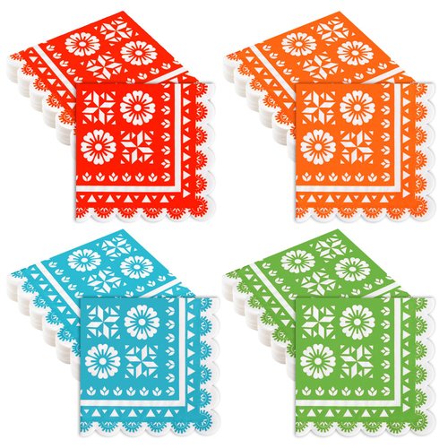 100 Pack Mexican Paper Napkins Fiesta Disposable Cocktail Napkins Papel Picado Decorative Scalloped Napkin for Cinco De Mayo Mexican Fiesta Table Decor Party Supplies