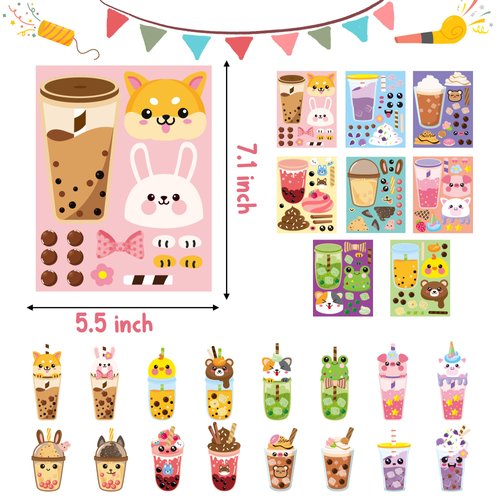 ANGOLIO 40Pcs Make A Face Boba Tea Stickers Make Your Own Milk Tea Stickers Mix and Match Sweets and Boba Tea Party Favor Supplies for Kids Ice Cream Sticker Games Birthday DIY Art Crafts
