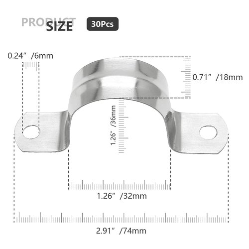 Bonsicoky 30Pcs M32 Rigid Pipe Strap, 1-1/4" Stainless Steel 2 Holes Cable U Bracket Pipe Clamp for Fixing Pipe or Cable, 0.71" Width
