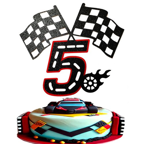 Racing Car 5th Birthday Cake Topper- Checkered Flag, Racing Track, Fire Wheel Cake Decoration Set for Kid's 5 Years old Sporty Car Birthday Party Supply