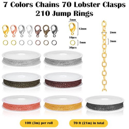 70Ft Jewelry Making Chains, 7 Colors 2mm Stainless Necklace Chains for Jewelry Making, Metal Chains Kit with 210Pcs Jump Rings and 70Pcs Lobster Clasps for DIY Jewelry Necklace Bracelet Anklet Making