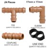 JAYEE 24P Drip Irrigation Fittings Kit for 1/2" Tubing (.600 ID), 17mm Parts- 6 Tees, 6 Couplings, 6 Elbows,6 End Cap Plugs- Barded Connectors for Rain Bird Pipe and Sprinkler Systems (24 Pieces Set)