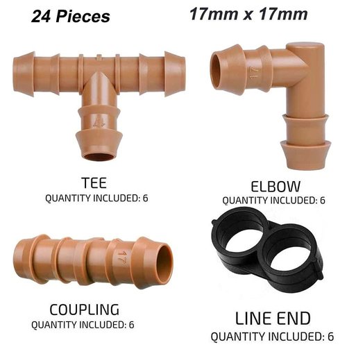 JAYEE 24P Drip Irrigation Fittings Kit for 1/2" Tubing (.600 ID), 17mm Parts- 6 Tees, 6 Couplings, 6 Elbows,6 End Cap Plugs- Barded Connectors for Rain Bird Pipe and Sprinkler Systems (24 Pieces Set)
