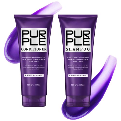 Purple Shampoo and Conditioner Set for Blonde, Silver, Brown, Bleached, Highlighted Hair, Color Treated Hair, Enhance Blonde Tones, Repair Damaged Hair, Adds Stronger Shine Hydration, 2 x 5.29 oz