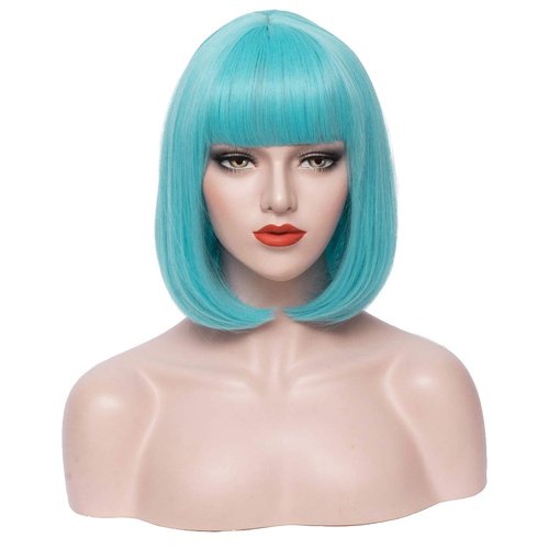 PATTNIUM 12 Inches Blue Bob Wig Short Light Blue Bob Wig with Bangs for Women and Girls Heat Resistant Synthetic Teal Blue Bob Wig (Light Blue)