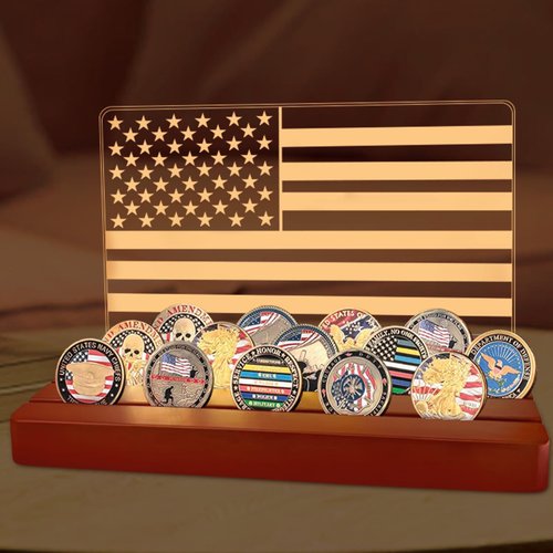 Challenge Coin Display, Light up Coin Holder American Flag with Warm White Color Light, Military Coin Holder Display Case, 4 Row Holder Wooden Rack Gift for Military Army for Him Father
