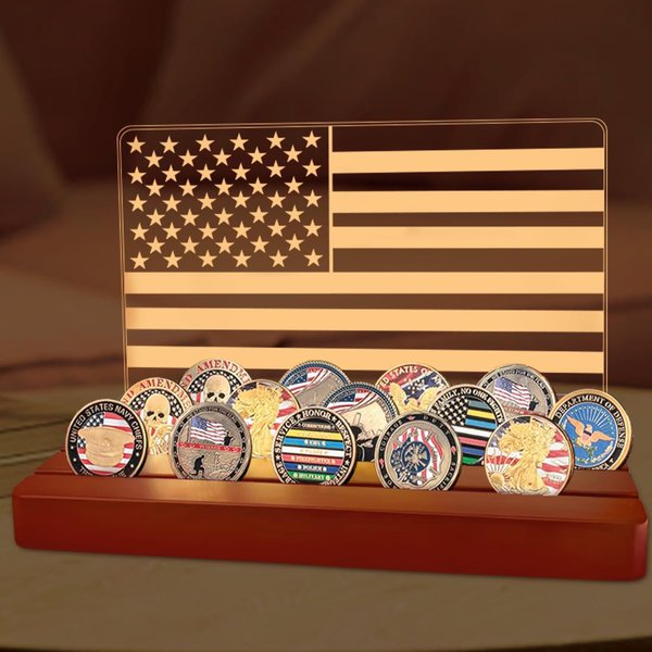 Challenge Coin Display, Light up Coin Holder American Flag with Warm White Color Light, Military Coin Holder Display Case, 4 Row Holder Wooden Rack Gift for Military Army for Him Father