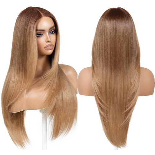 ENCOUNTERU Wear and Go Glueless Honey Blonde Wig with Bangs Pre Plucked Pre Cut Layered HD Lace Front Synthetic Wigs for Women Blonde Ombre Wig Ready to Wear Middle Part 26 Inch