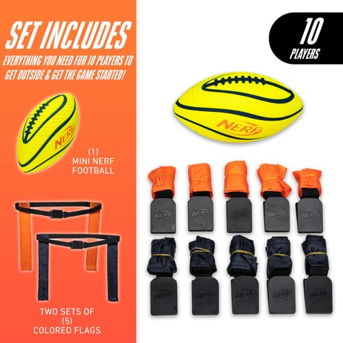 Nerf 10 Player Flag Football Belts + Football Set - Youth Flag Football Belts + Junior Foam Football for Kids - Full Flag Football Kit for 5 v 5 Games - Includes (10) Flag Sets + 1 Foam Football