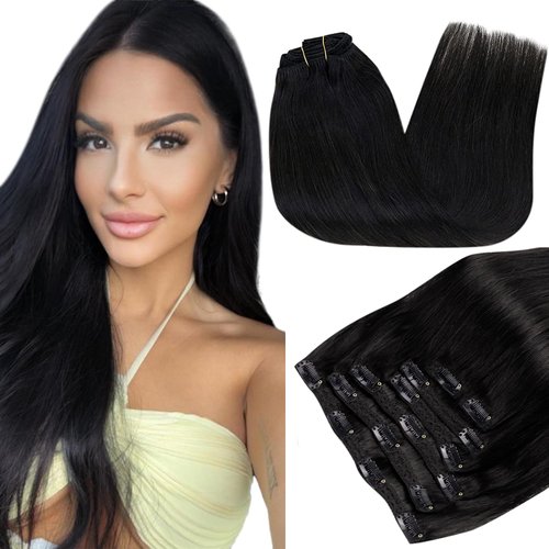 RUNATURE 22 Inch Hair Extensions Clip in Off Black Hair Extensions Clip in Human Hair Double Weft Straight Clip in Hair Extensions Black Human Hair Full Head 120g 7 Pieces
