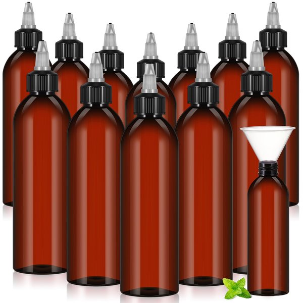 Barydat 12 Pcs Applicator Bottles for Hair, Squeeze Hair Oil Applicator Bottle Refillable Empty Plastic Bottles, Twist on Top Cap with Open Close Nozzle and 2 Funnels(8 oz,Amber)