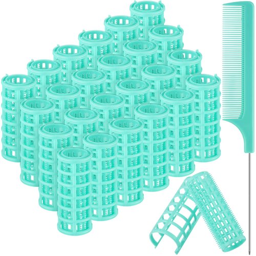 24 Pieces Hair Roller, Small Size Plastic Hair Rollers Hair Curlers with Steel Pintail Comb for Short Hair Long Hair Hairdressing Styling Tools (0.98 x 2.67 Inch, Light Green)