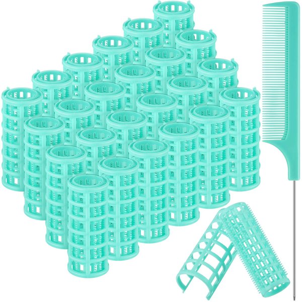 24 Pieces Hair Roller, Small Size Plastic Hair Rollers Hair Curlers with Steel Pintail Comb for Short Hair Long Hair Hairdressing Styling Tools (0.98 x 2.67 Inch, Light Green)