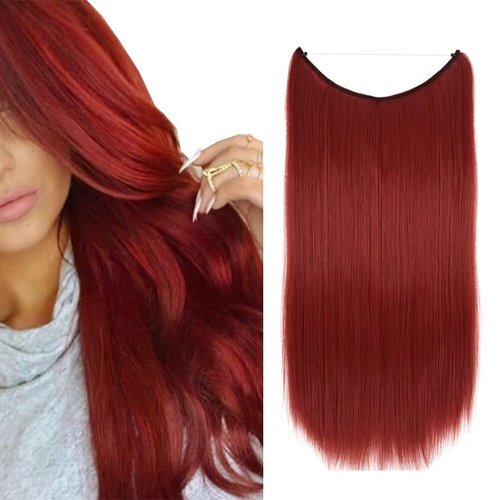 iLUU Synthetic Hair Extensions 22" 80G Invisible String Long Straight Hair Extension Secret Line Hairpieces Hairpieces Wig Hair Pieces for Women Girls Lady Daily Use (#130M, Red)