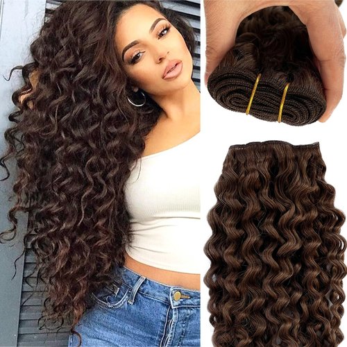 Sew in Hair Extensions Real Human Hair Curly Chocolate Brown Human Hair Bundles Hand Tied Wefts Hair Extensions for Women 16 Inch 100G Full Head Seamless Invisible Remy Hair Extensions One Piece