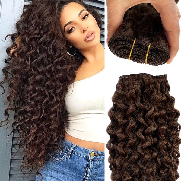 Sew in Hair Extensions Real Human Hair Curly Chocolate Brown Human Hair Bundles Hand Tied Wefts Hair Extensions for Women 16 Inch 100G Full Head Seamless Invisible Remy Hair Extensions One Piece