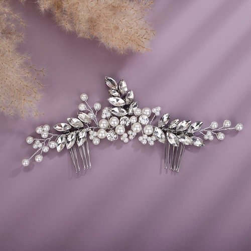 Teyglen Bride Silver Hair Comb with Rhinestones, Pearls, and Crystal, Dainty Headpiece Style, 19 * 8cm/7.48 *3.14 inches, Hair Accessory for Women and Girls