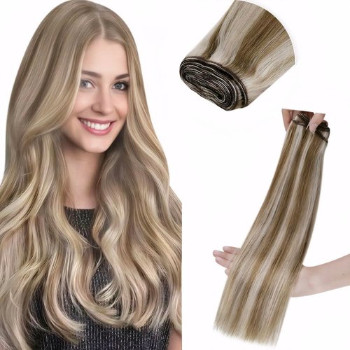 LaaVoo Hand Tied Weft Hair Extensions Human Hair 18 Inch Sew in Human Hair Extensions 100 Gram Light Brown Highlighted Platinum Blonde Real Hair Extensions Sew in Bundles