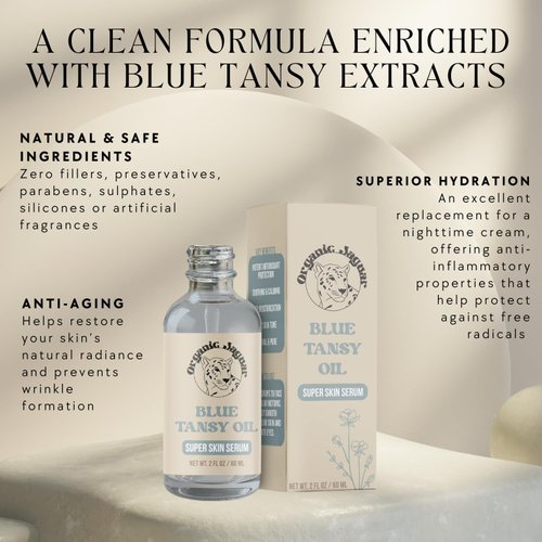 Organic Jaguar Blue Tansy Super Skin Face Serum, Night Moisturizer, Facial Oil with Jojoba Oil and Hydrating Ingredients to Support Healthy Aging and Help Reduce Wrinkles, All Skin Types, 2 fl oz