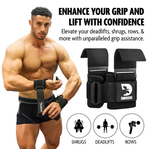 DMoose Fitness Weight Lifting Hooks for Men & Women (Pair) - 8 mm Thick Wrist Padding - Weight Lifting Grips for Powerlifting, Shrugs, Rows & Deadlift Support - Gym Lifting Straps with Pull Up Hooks