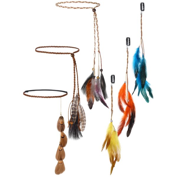 6 Pcs Feather Headband Feather Hair Clip Set Boho Hair Extensions with Feather Clip Comb Hippie Headpiece for Women(Stylish Style)