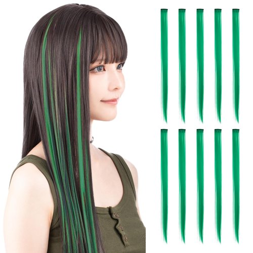 CLASSE 10Pcs Clip in colored hair extensions, 22inches colorful Party Highlights, Heat-resistant, Straight long, for Women Kids Girls, Perfect for Halloween Christmas Cosplay Christmas green