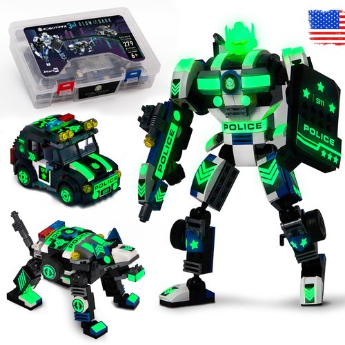 JITTERYGIT Robot Police Mech Glow in The Dark Toy Cop Gift, SWAT Action Figure Buildable STEM Building Superheroes Soldier - Cool Present for Boys, Girls, Kids, Children Ages 6 7 8 9 10 Year Olds