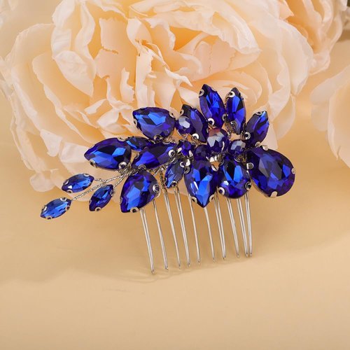Teyglen Rhinestone Wedding Hair Comb Blue Crystal Bridal Hair Piece Crystal Bride Wedding Hair Comb Sparkly Rhinestone Headpiece Hair Accessories for Women Girls (Blue)