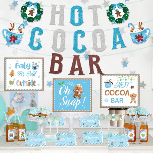 Hokinaa Hot Chocolate Bar Kit - 42 Pcs Blue Hot Cocoa Bar Banner Baby Its Cold Outside Baby Shower Hot Choco Toppings Labels Cup Tags Stickers for Winter Wonderland Party Decorations Holiday Supplies