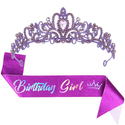 Jaciya Birthday Girl Sash Birthday Crown Purple Crown for Women Girls Princess Tiara Birthday Party Decorations Gifts