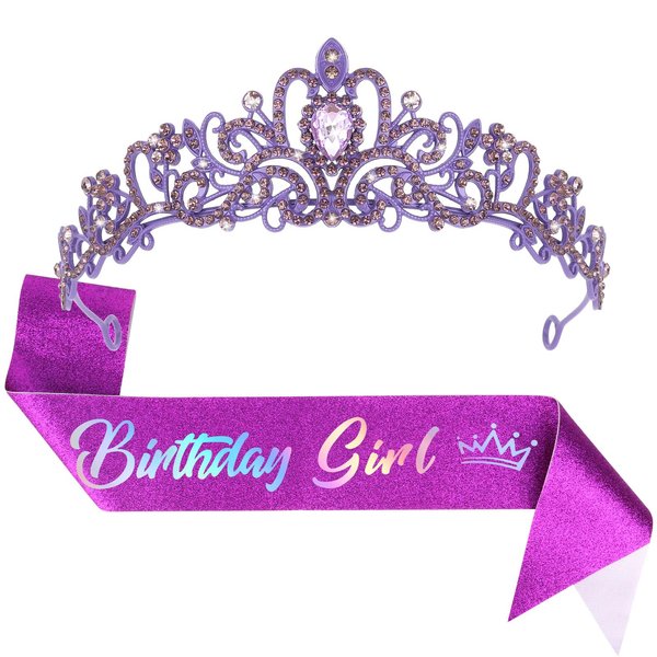 Jaciya Birthday Girl Sash Birthday Crown Purple Crown for Women Girls Princess Tiara Birthday Party Decorations Gifts