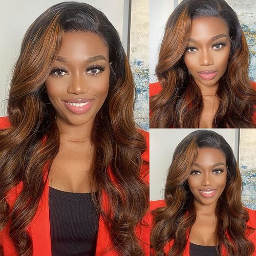 UNICE Ombre Highlight Body Wave 4x4 Lace Closure Free Part, Brown Human Hair Wavy Closure with Dark Roots FB30 Color 14 inch