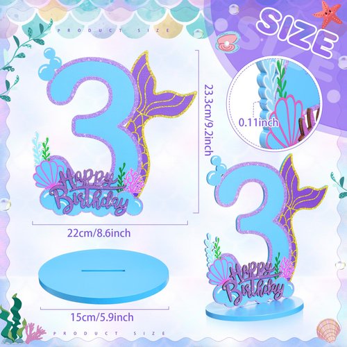 Wonderjune Mermaid Birthday Number Sign Centerpiece for Girls Wooden Mermaid Party Number Table Sign Decoration Mermaid Party Supplies for Birthday Anniversary (Number 3)