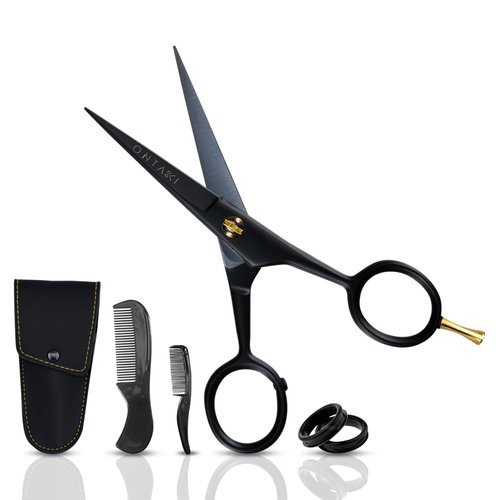 ONTAKI 5” German Beard Scissors & Mustache Scissors - 2 Combs (Beard Comb + Mustache Comb) with Carrying Pouch - Hand Forged Beard Trimming Scissors with Finger Rest (Black (410C German Steel))