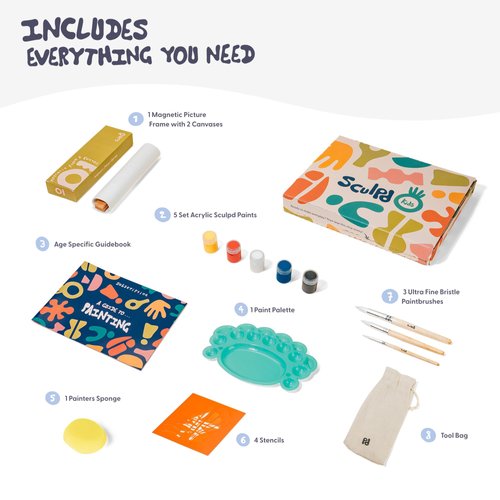 Sculpd Kids Painting Kit, Paint Craft Set for Kids Age 7+, Includes 5 Colour Paint Set, Paintbrushes, Magnetic Picture Frame, 2 Canvases, Paint Palette, Additional Art Supplies and Free Guidebook