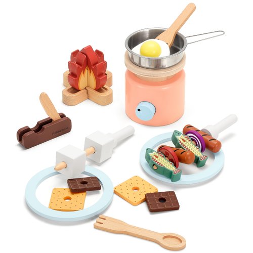 Pillowhale Wooden Camping Toys, Pretend Play Toys Campfire with Kids Grill Playset, 25pcs Kids Play Food Toy Set, Outdoor Play Toys for Toddler Boys and Girls Ages 3+