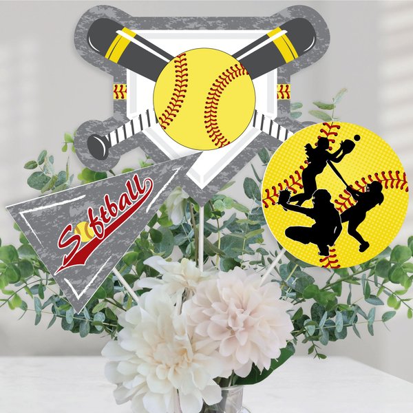 Grand Slam - Fastpitch Softball - Birthday Party or Baby Shower Centerpiece Sticks - Table Toppers - Set of 15