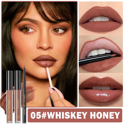 QIUFSSE 3 in 1 Brown Lip Gloss and Lip Liner Lipstick Set Nude Lip Liner Set Long-lasting Nonstick Cup Lip Kit Moisturizing Lip Set for Women (05# Whiskey Honey)