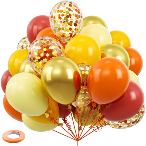 Kelfara Fall Balloons 80PCS 12 inch Orange Yellow Burgundy and Gold Confetti Latex Balloons with Ribbons for Fall Baby Shower Birthday ThanksGiving Pumpkin Themed Party Decorations