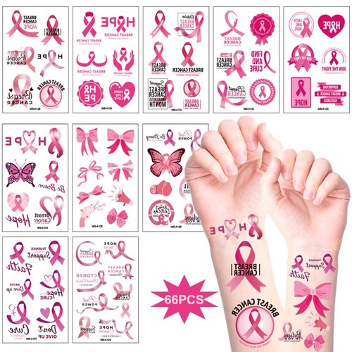 Breast Cancer Awareness Temporary Tattoos Pink Ribbon Tattoos Stickers Breast Cancer Survivor Gifts Stickers Waterproof Butterflies Pink Ribbon Fake Tattoos for Party Supplies 10 Sheets