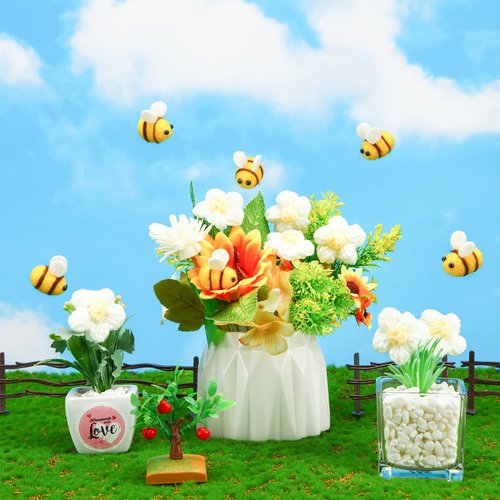 Moukeren Felt Bees for Crafts and Crocheted Spring Flowers Set, Wool Bee Decorations Plush Knitted Flowers for DIY Craft Decoration Party Favors (72 Pcs)